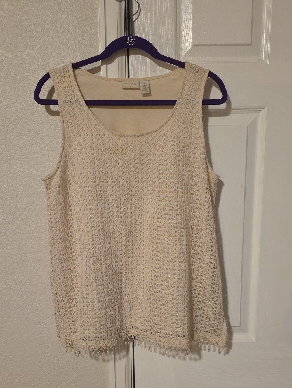 Chico's Cream Crochet Tank with Fringe Hem